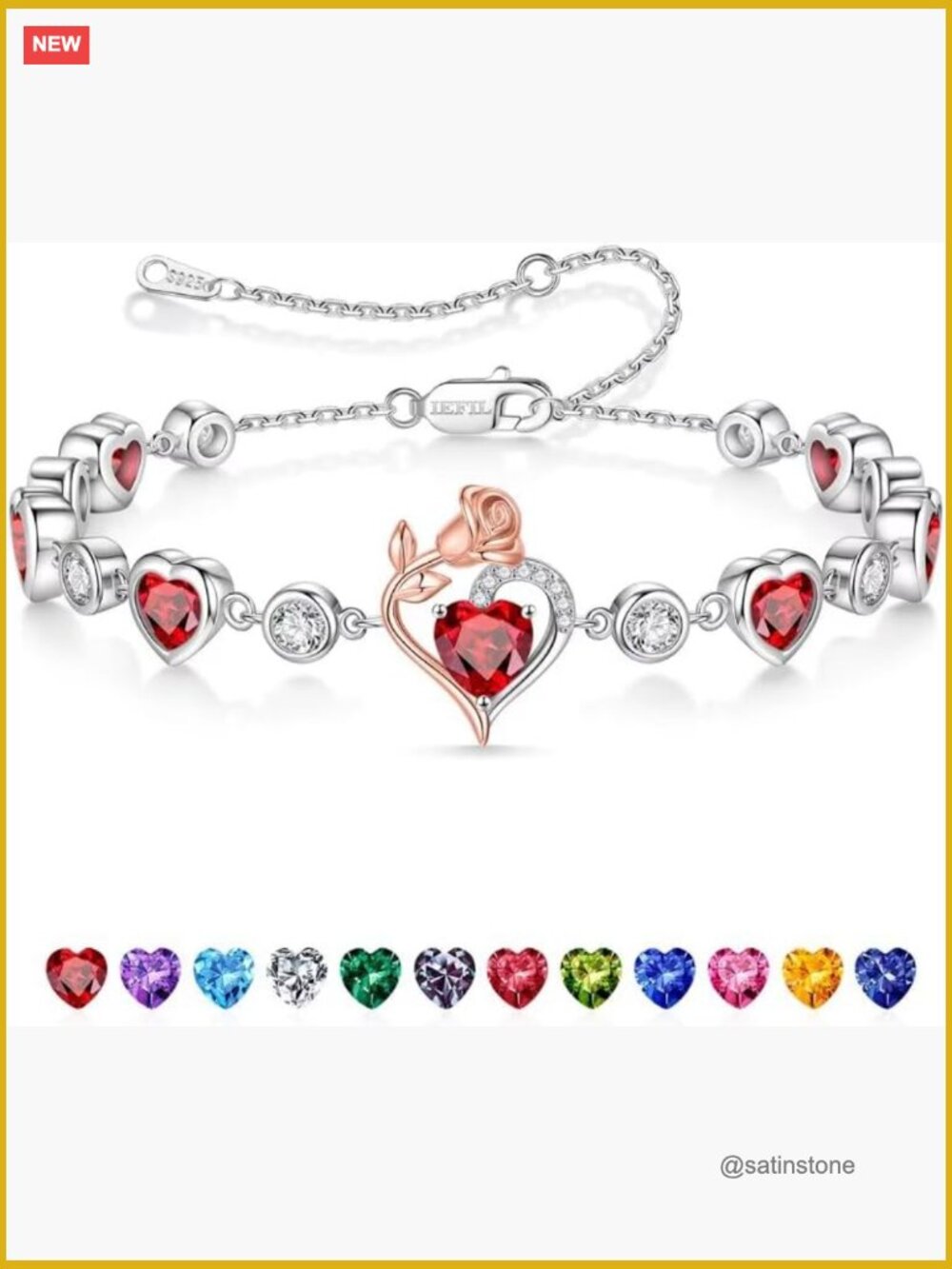 925 Sterling Silver Heart Birthstone Charm Bracelet for Women